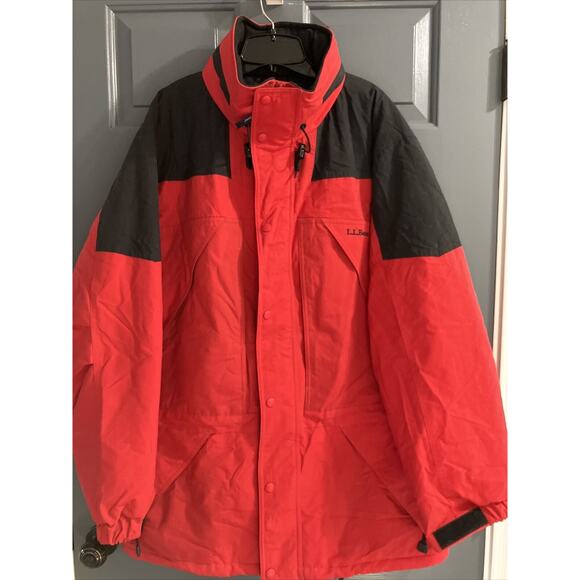 LL Bean Coat Mens Large Parka Coat Hidden Hoodie Black Red Outdoor Adult OP928 - Picture 1 of 10